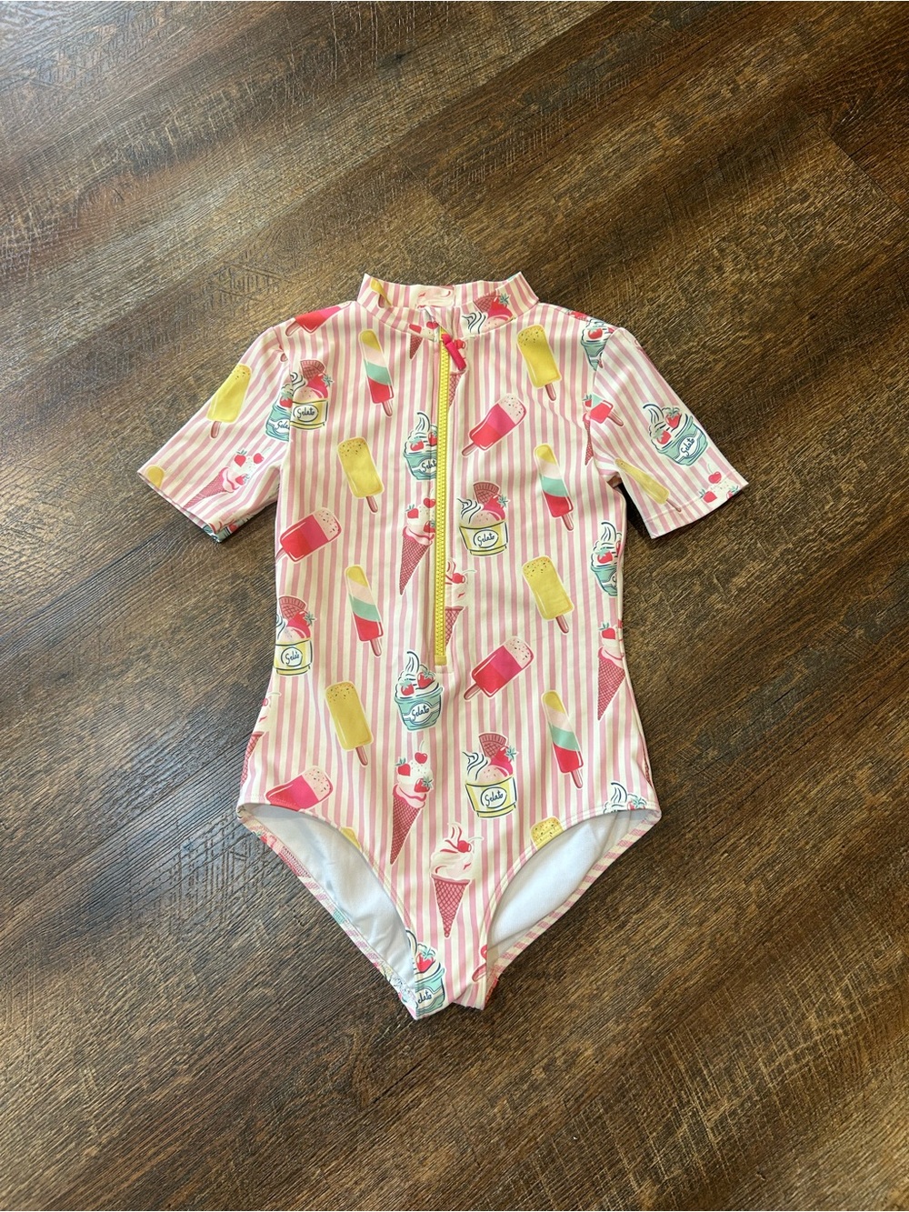 Mini Boden Pink Striped One-Piece Swimsuit with Ice Cream Print 9-10